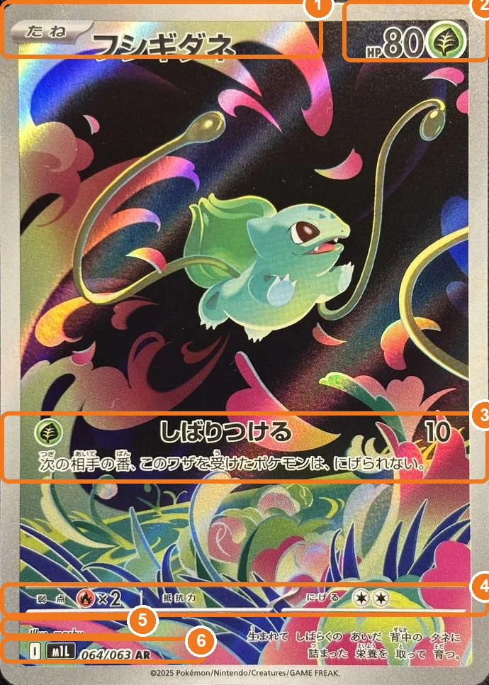 Las partes de una carta Pokémon japonesa numeradas