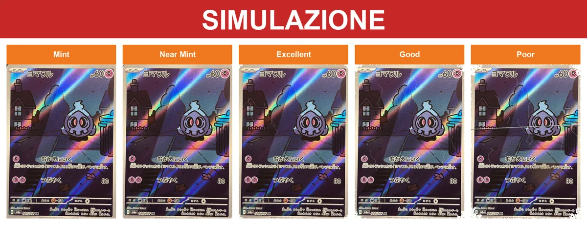 La stessa carta in cinque condizioni, da Mint a Poor (simulazione)
