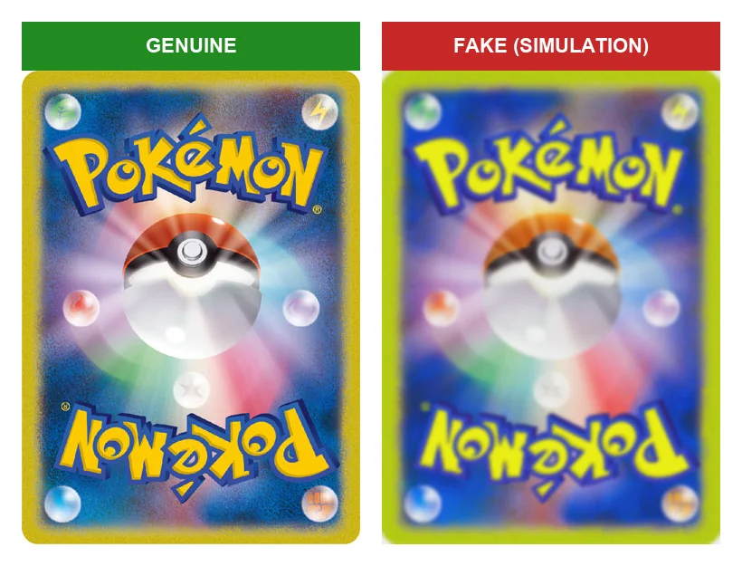 Back of a genuine card and back with altered colours on a fake (simulation)