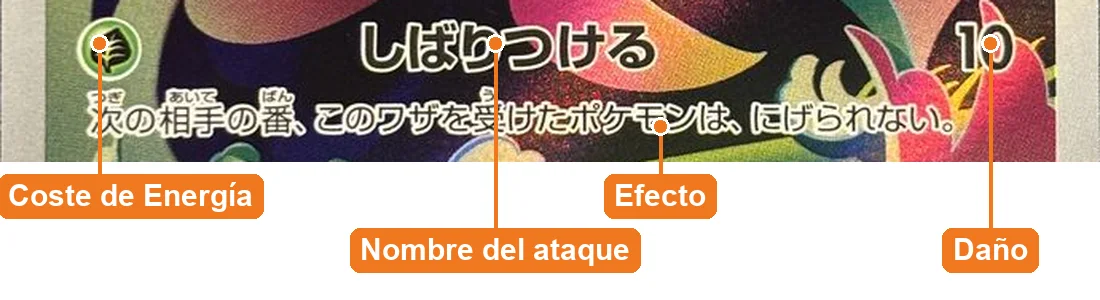 Detalle de un ataque: coste de Energía, nombre, daño y efecto