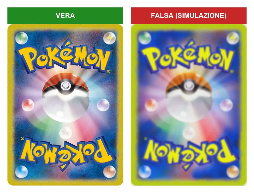 Retro di una carta vera e retro con colori alterati di una falsa (simulazione)
