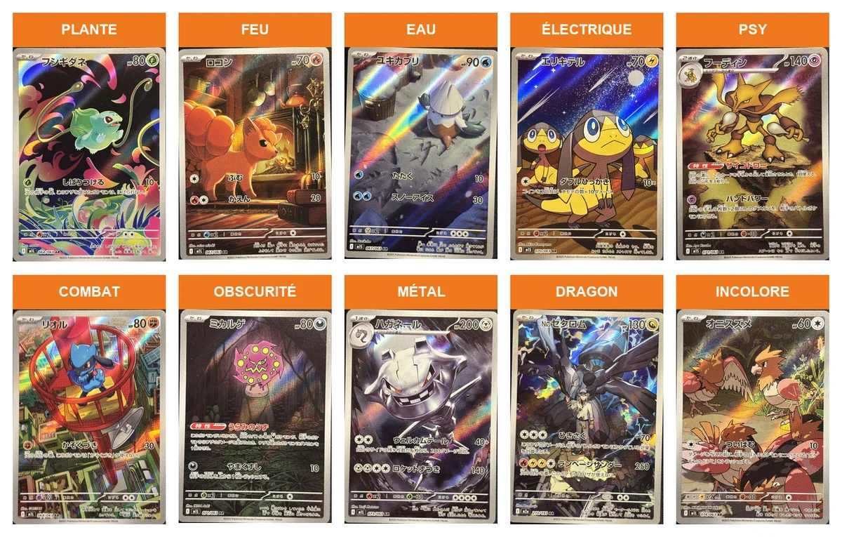 Une carte d'exemple pour chaque type de Pokémon