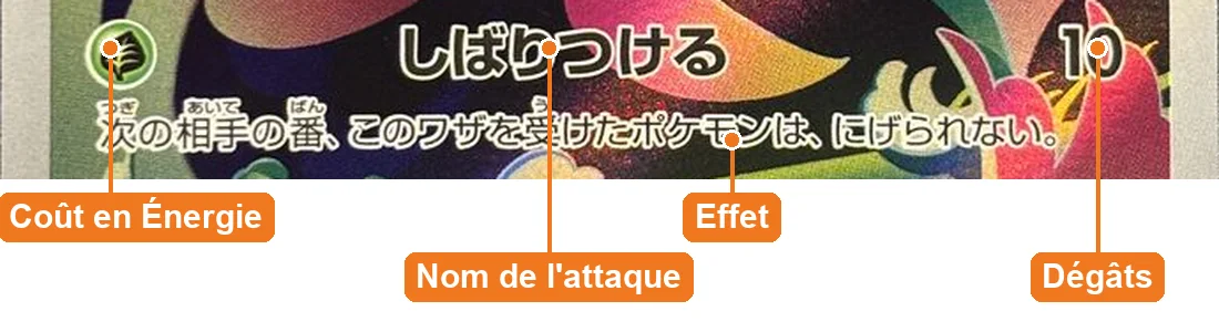 Gros plan sur une attaque : coût en Énergie, nom, dégâts et effet